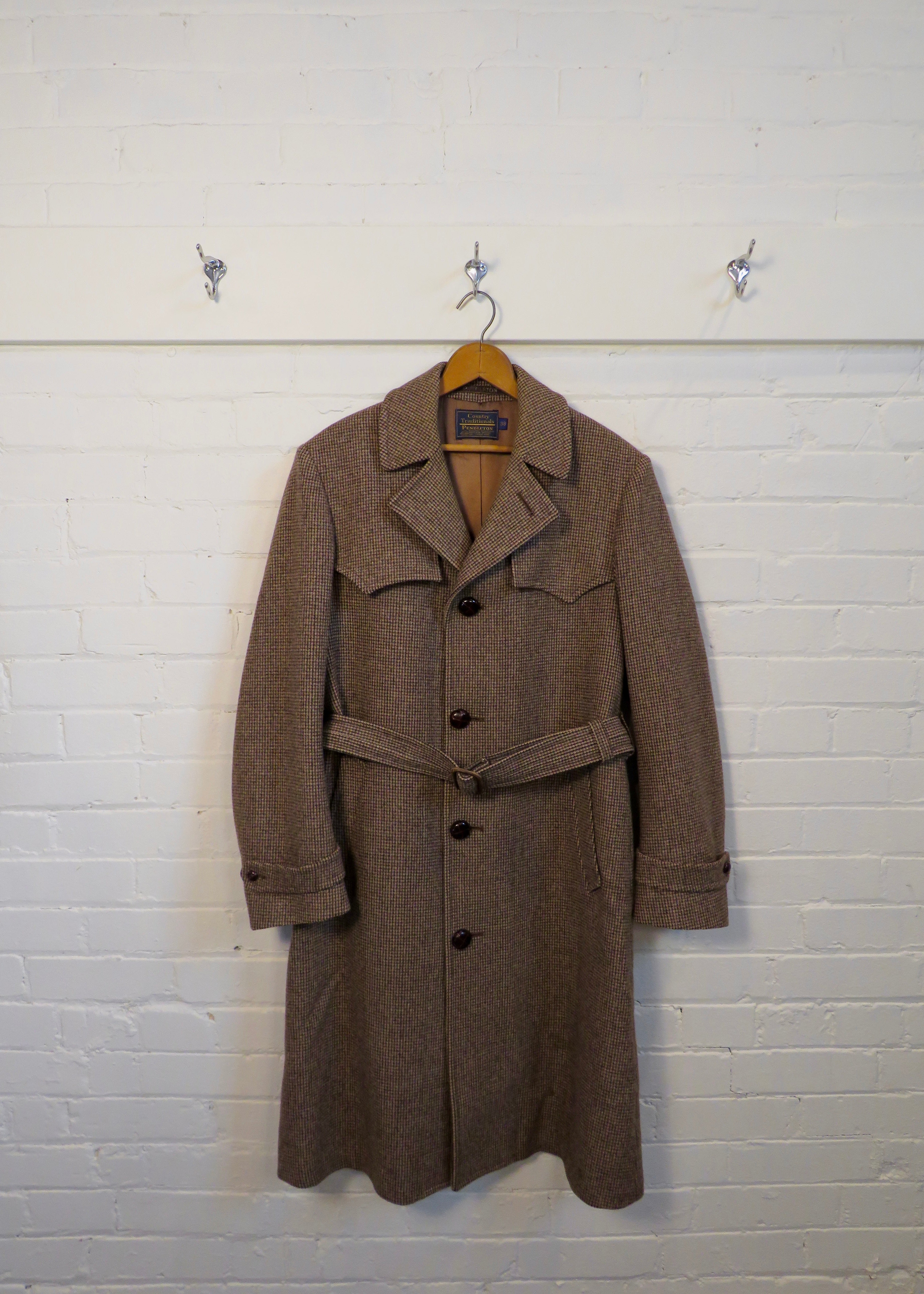 1980s Pendleton Belted Wool Houndstooth Overcoat