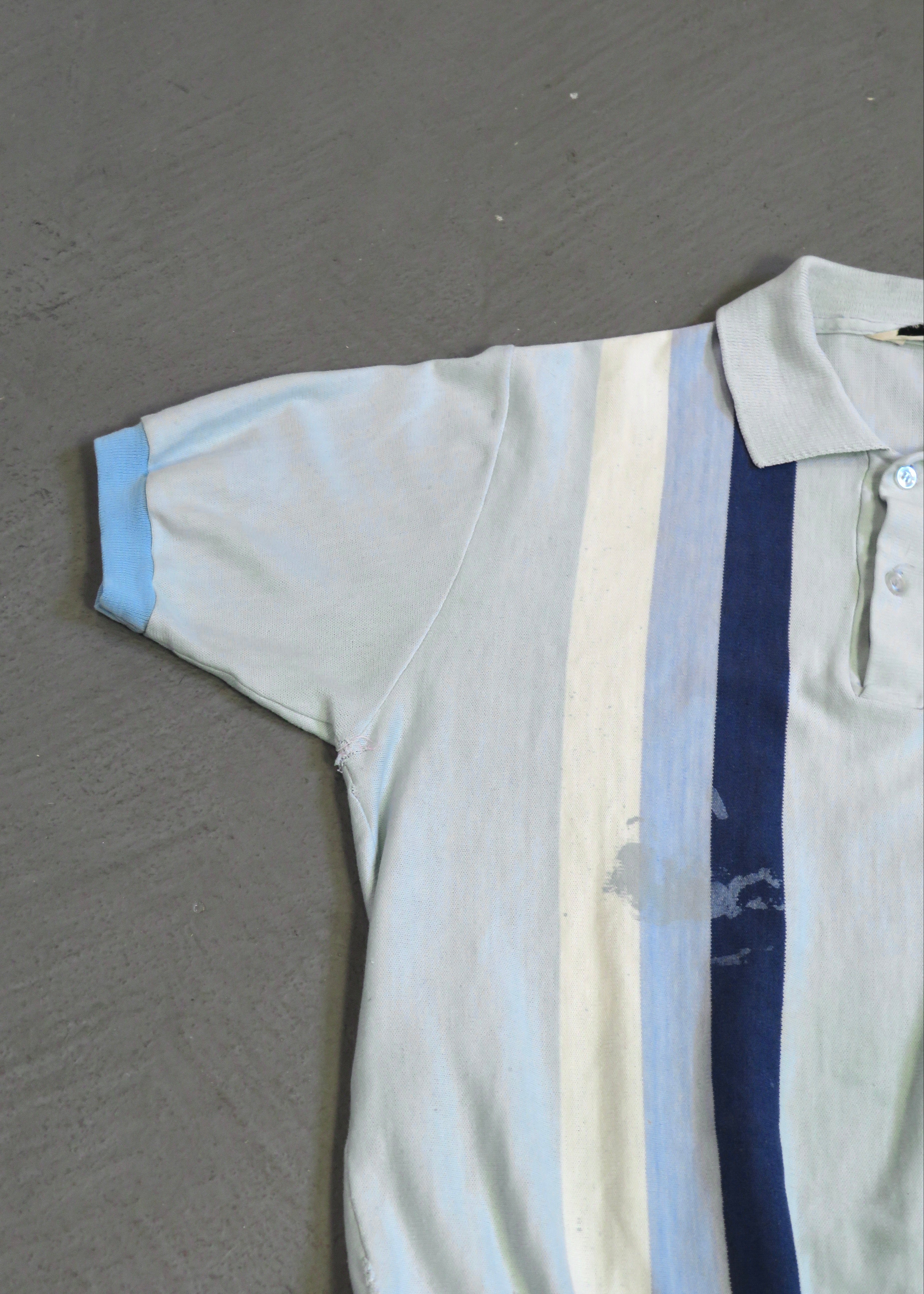 1960s Distressed Paint Splattered Light Blue Striped Polo Shirt