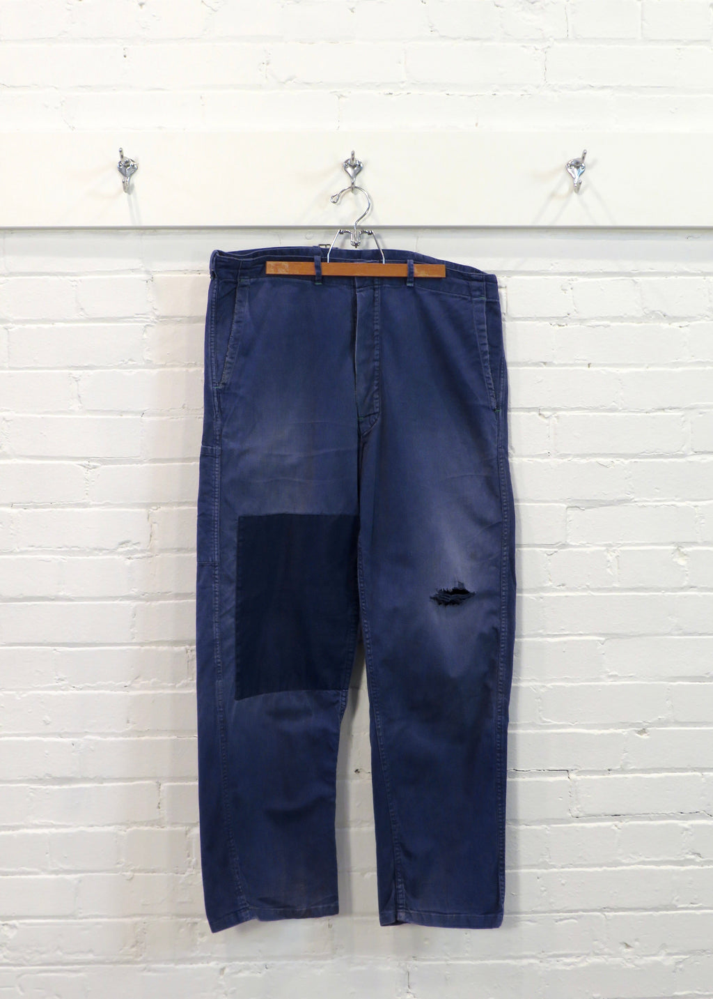 1960s German European Blue Repaired Cinch-Back Workwear Pants