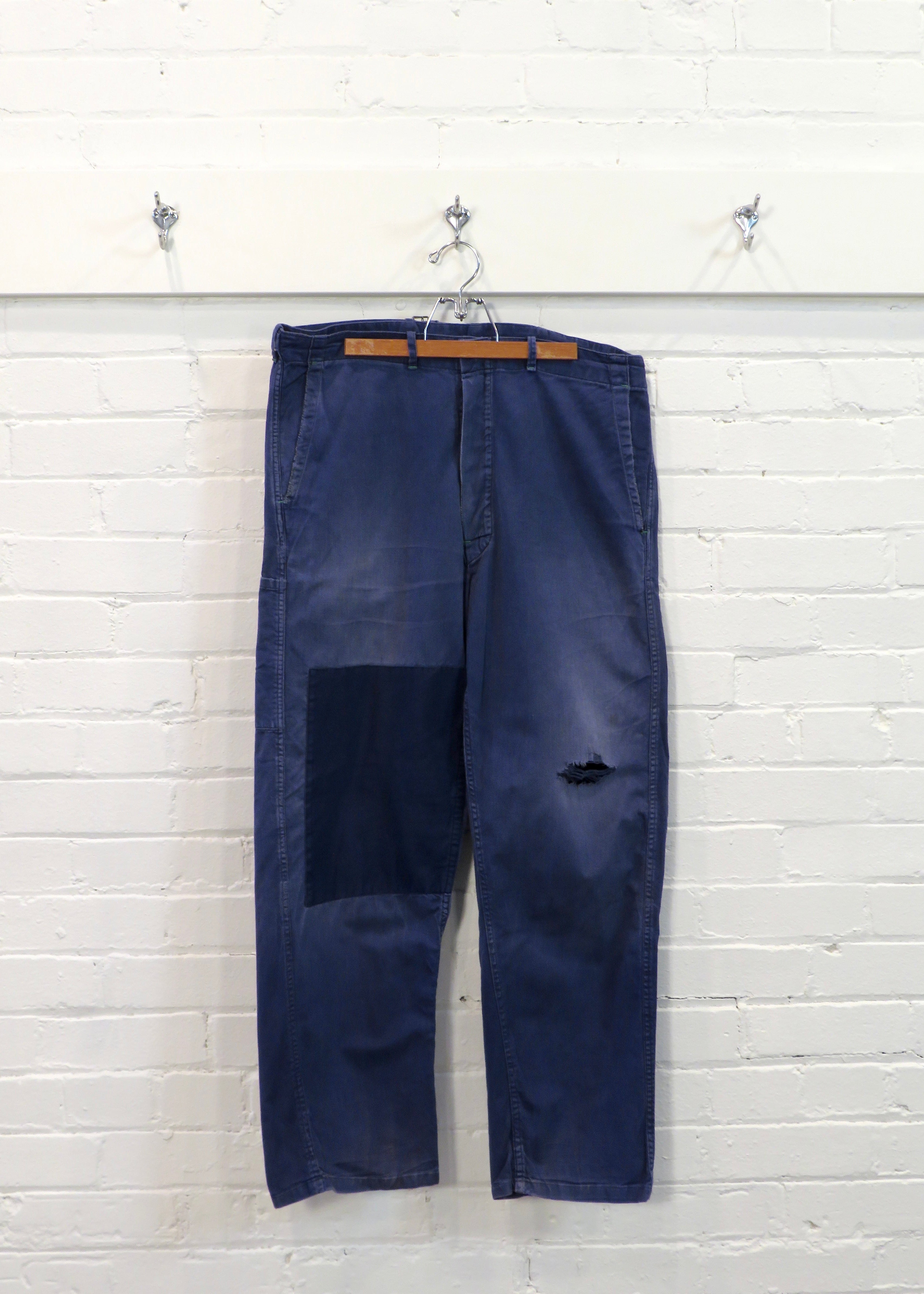 1960s German European Blue Repaired Cinch-Back Workwear Pants