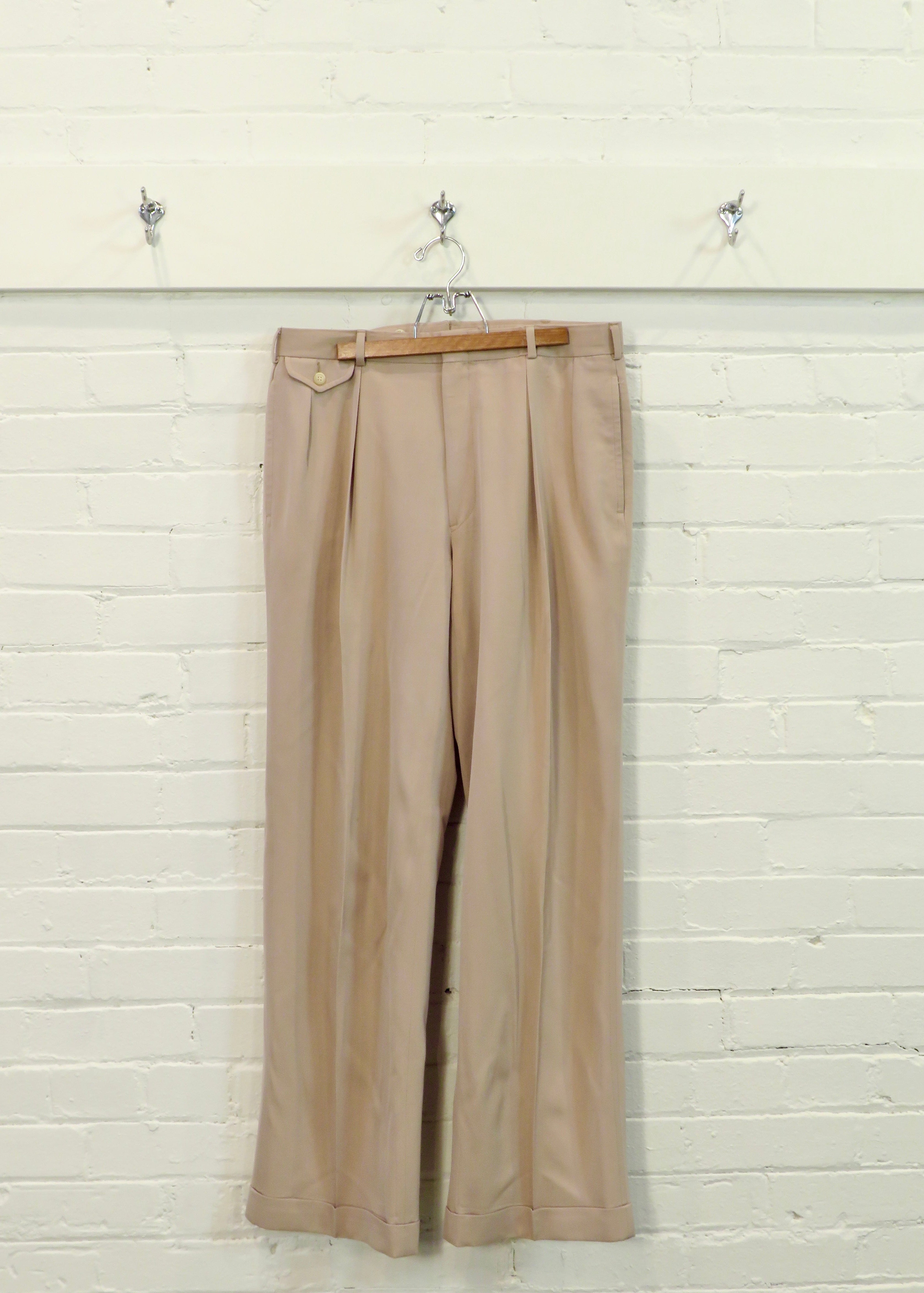 1990s Polo Ralph Lauren Khaki Tropical Wool Wide Leg Trousers